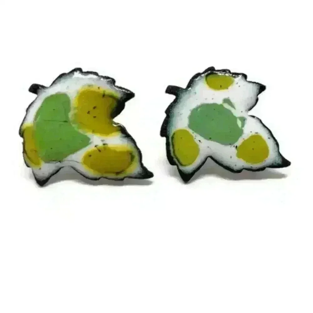 Vintage Earrings MCM Enamel On Copper Leaf MID CENTURY Screw Back Amazing